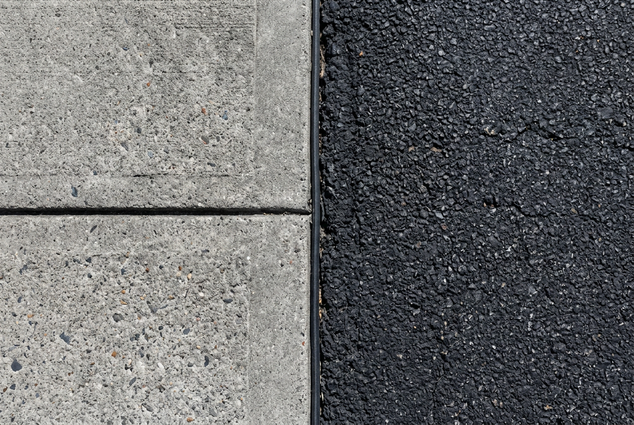 Concrete and asphalt surfaces meeting side by side