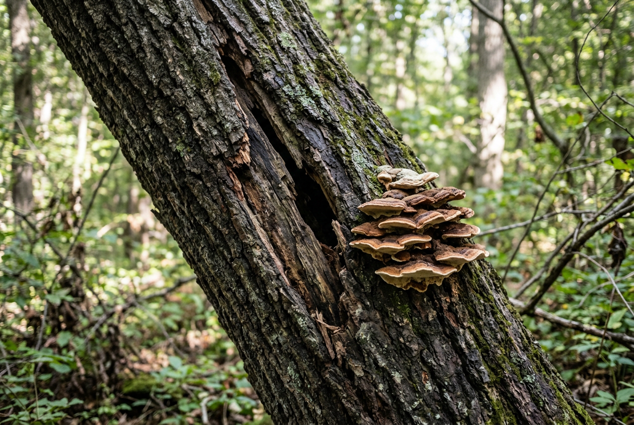 Decaying tree trunk with visible cavity and mushrooms