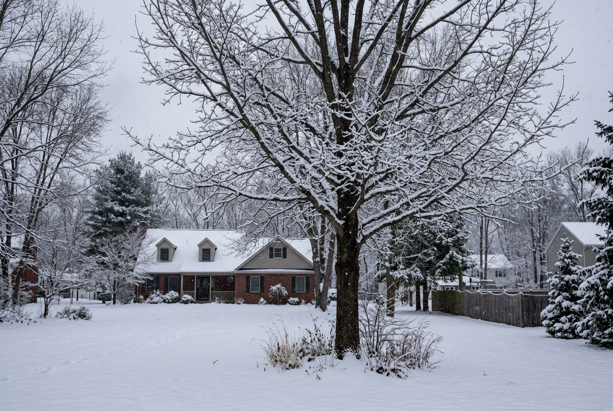 Snow-covered residential yard with a large bare tree in winter