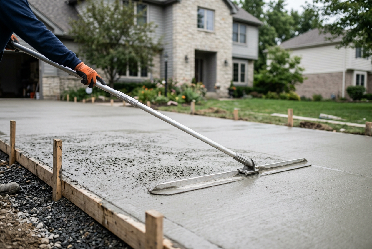 Concrete finishing tool smoothing a fresh driveway pour
