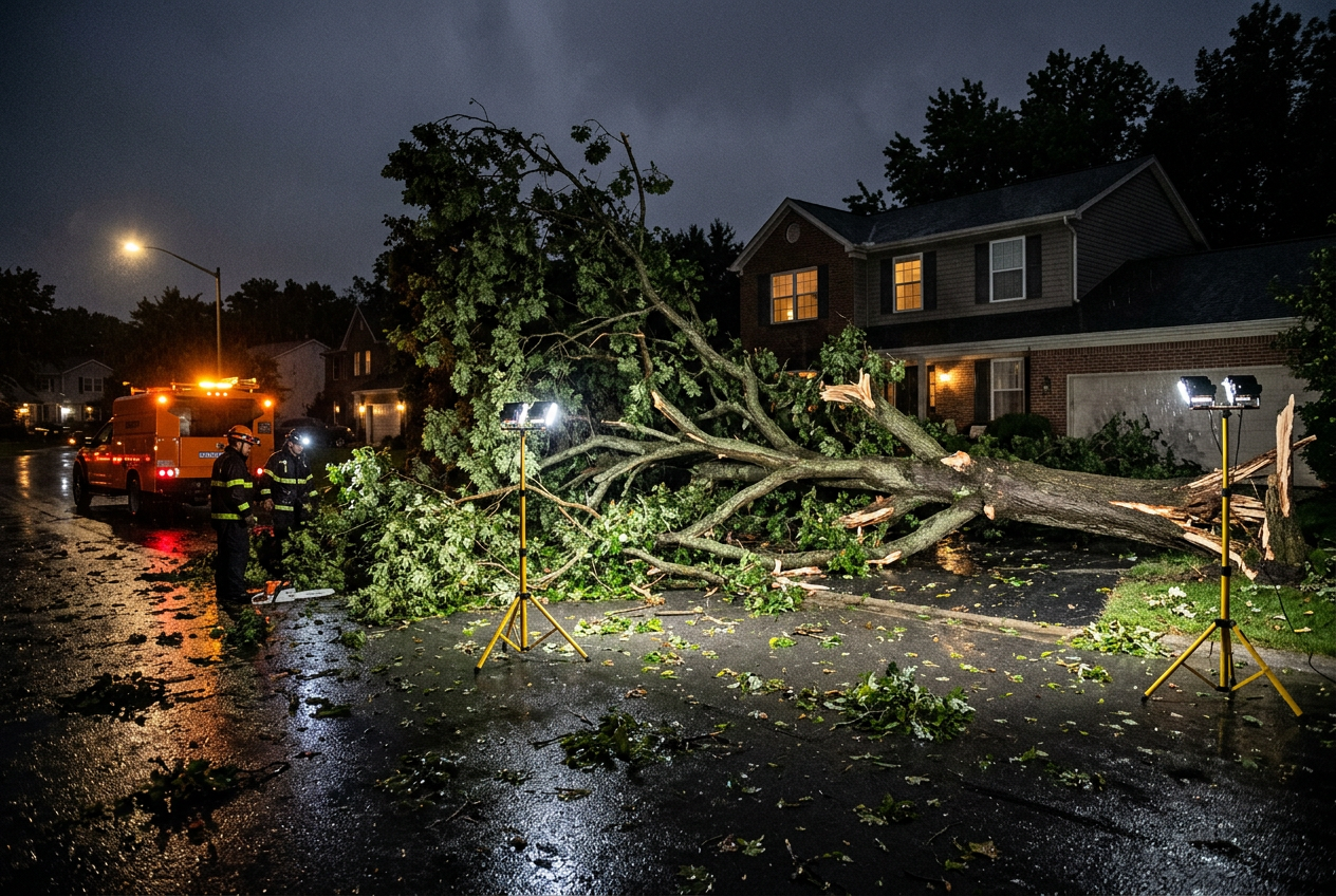 Storm-fallen tree blocking a driveway at night