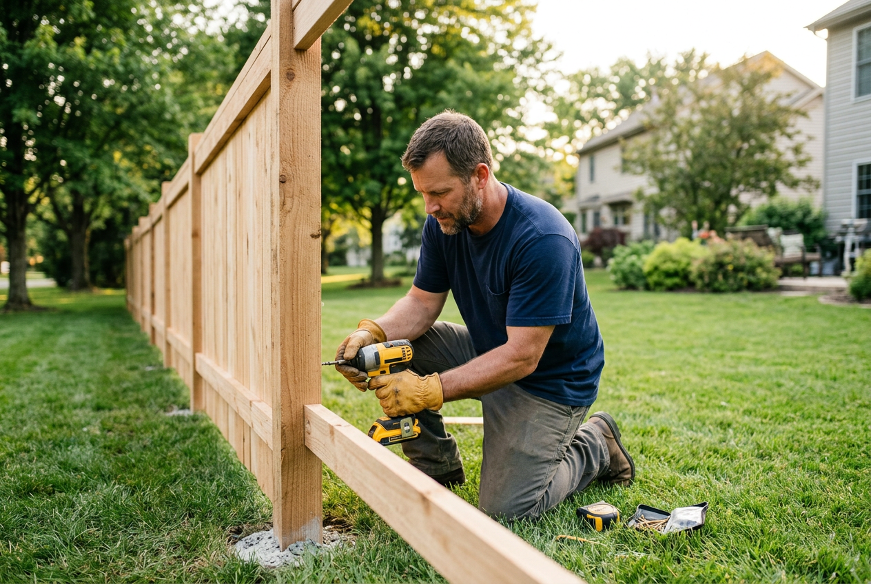 Crew installing a cedar privacy fence in a backyard