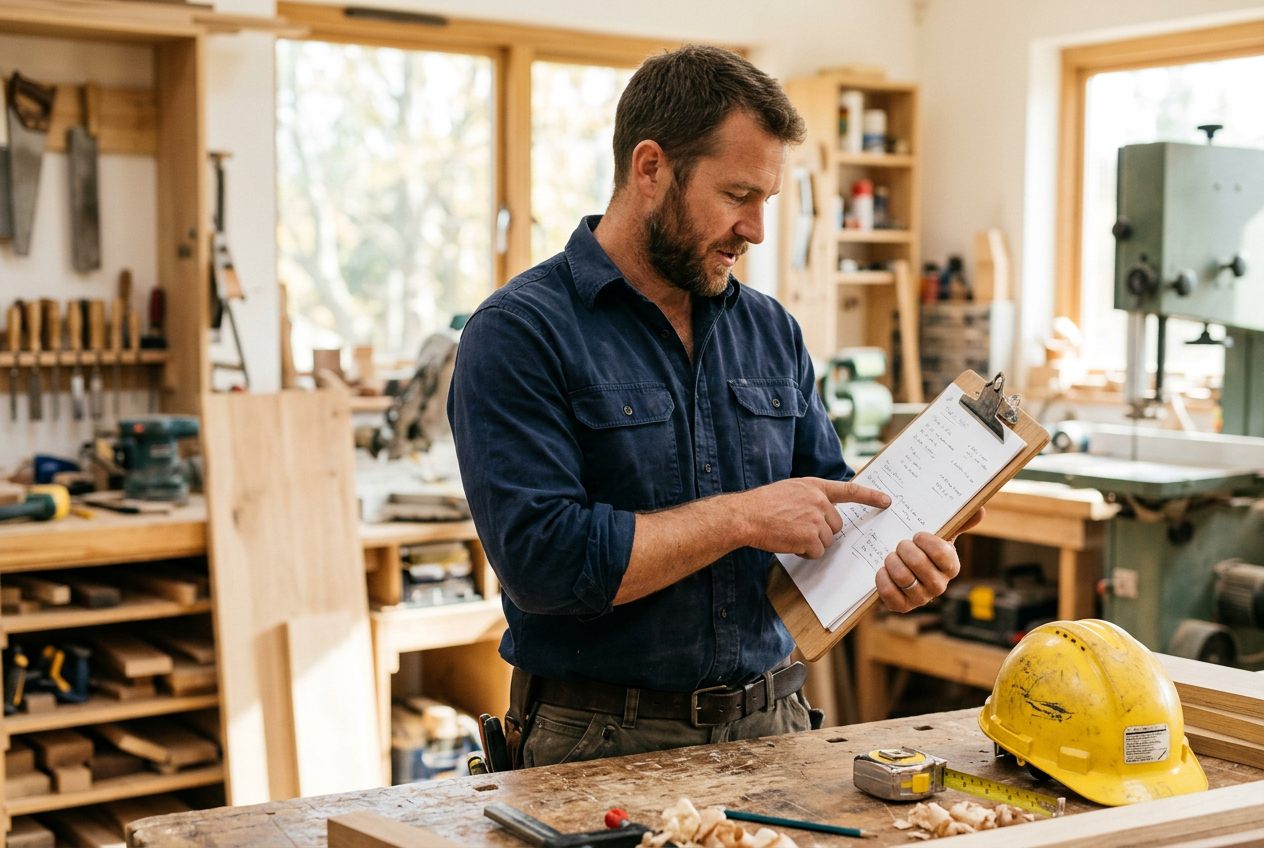 Contractor reviewing insurance paperwork in a workshop