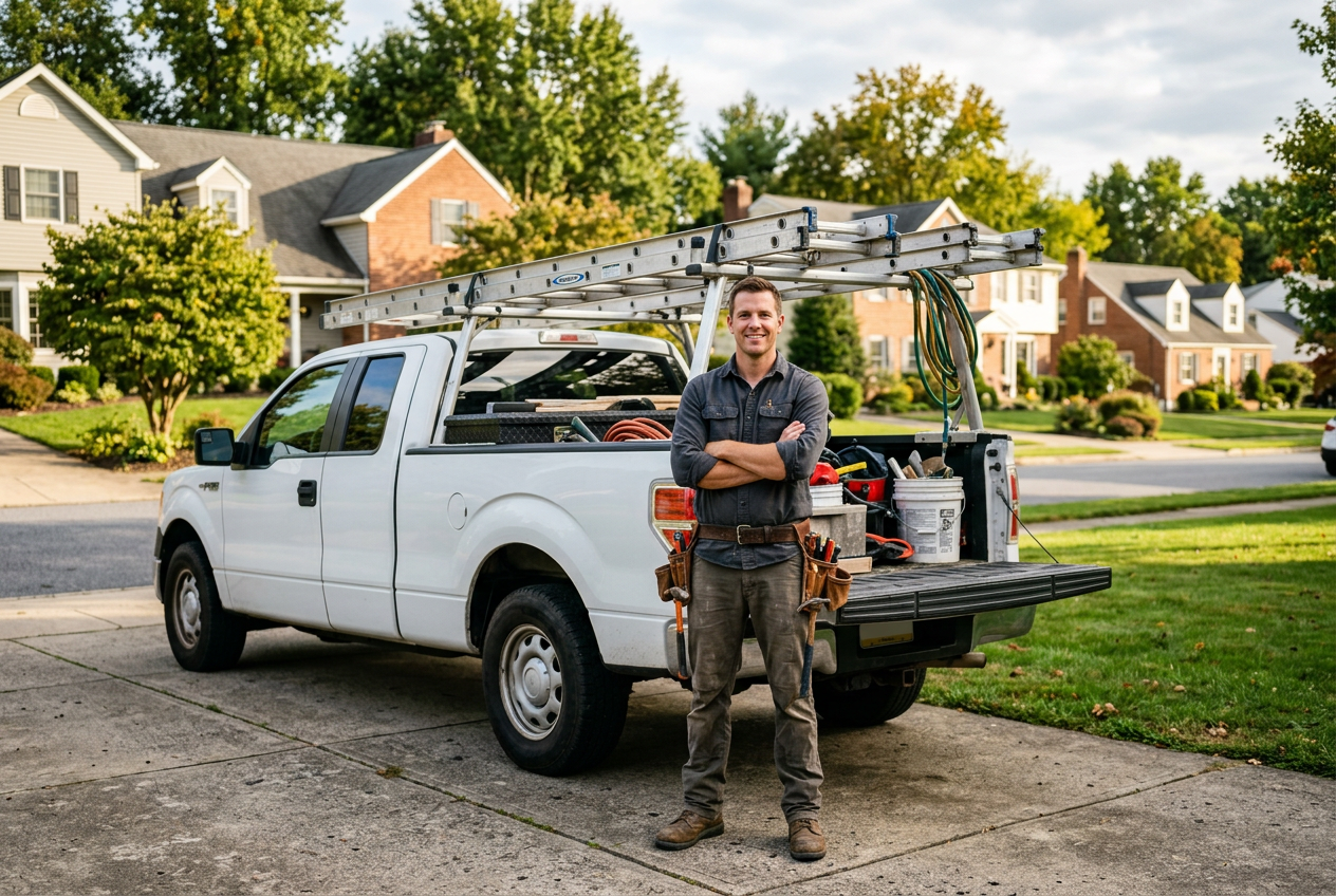 Owner-operated contractor standing in front of a work truck