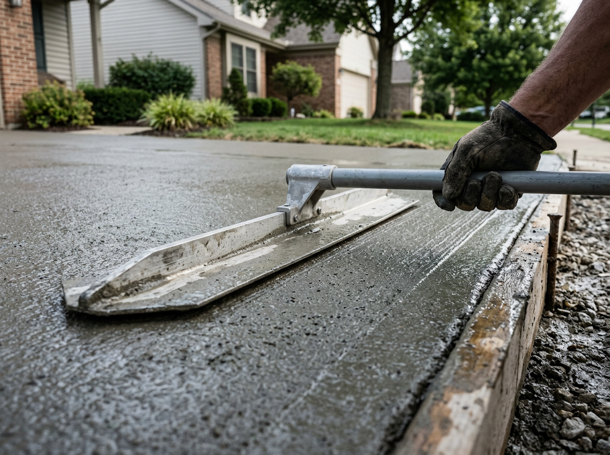 Magnesium bull float smoothing a freshly poured residential concrete driveway