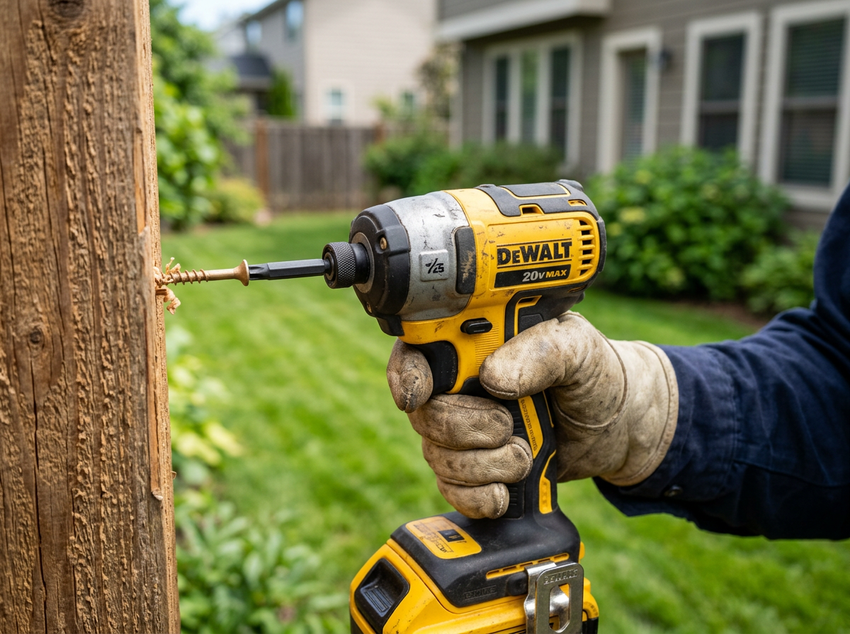 Cordless impact driver fastening a screw into a new cedar privacy fence
