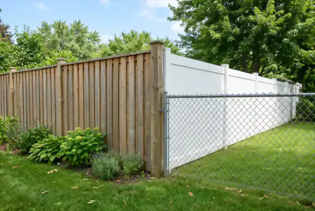 Wood, vinyl, and chain link fences shown together in a yard