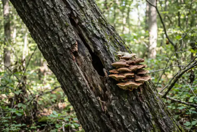 Decaying tree trunk with visible cavity and mushrooms
