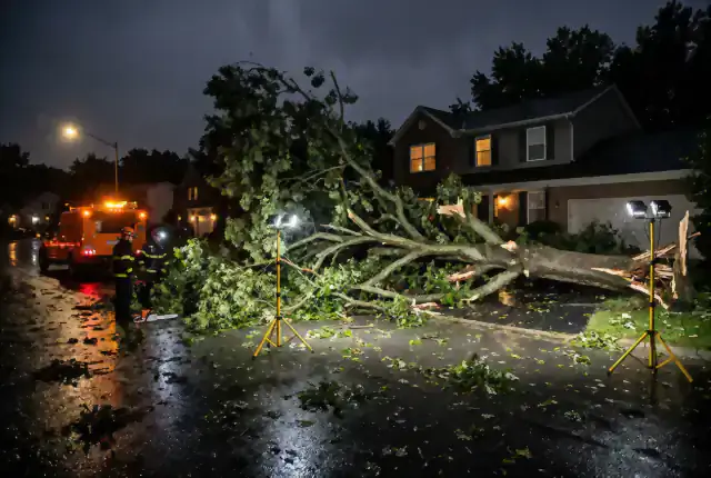 Storm-fallen tree blocking a driveway at night