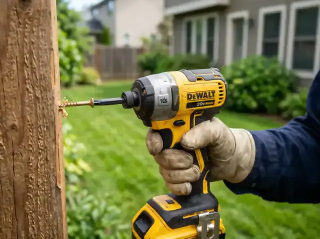 Cordless impact driver fastening a screw into a new cedar privacy fence